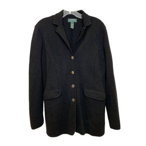 Ralph Lauren Women’s Petite Medium Blazer Knit 100% Merino Wool Black Equestrian
